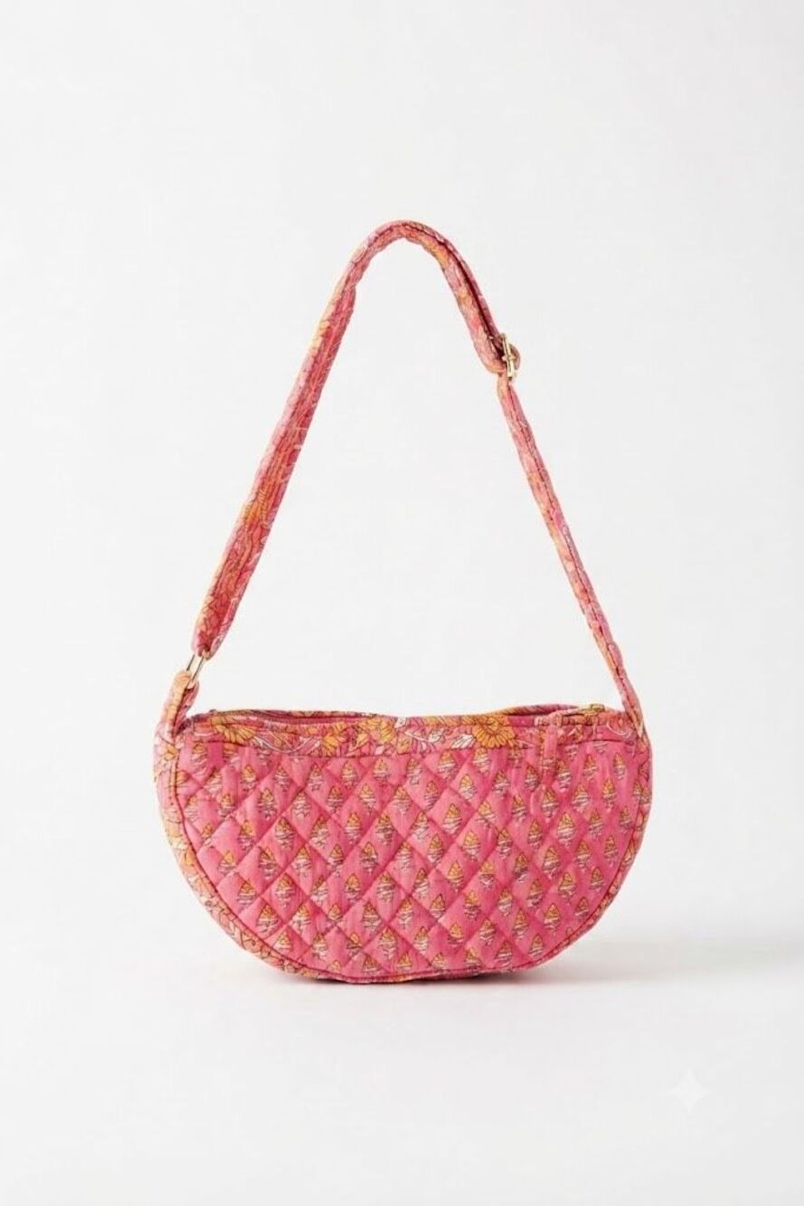 #279. POL Pink/Yellow Boho Artisan Quilted Crescent Boat Crossbody Bag